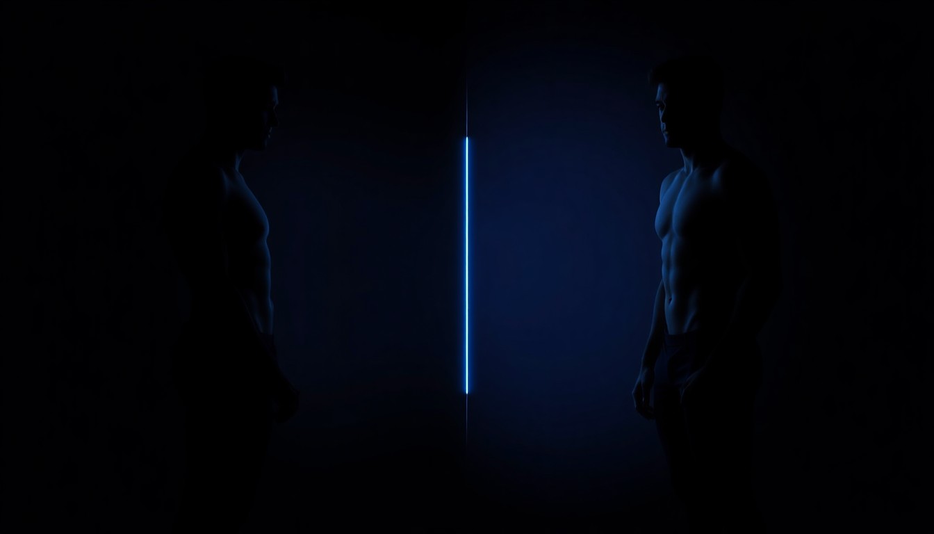 Split panel visualization of body transformation showing fat loss and muscle gain