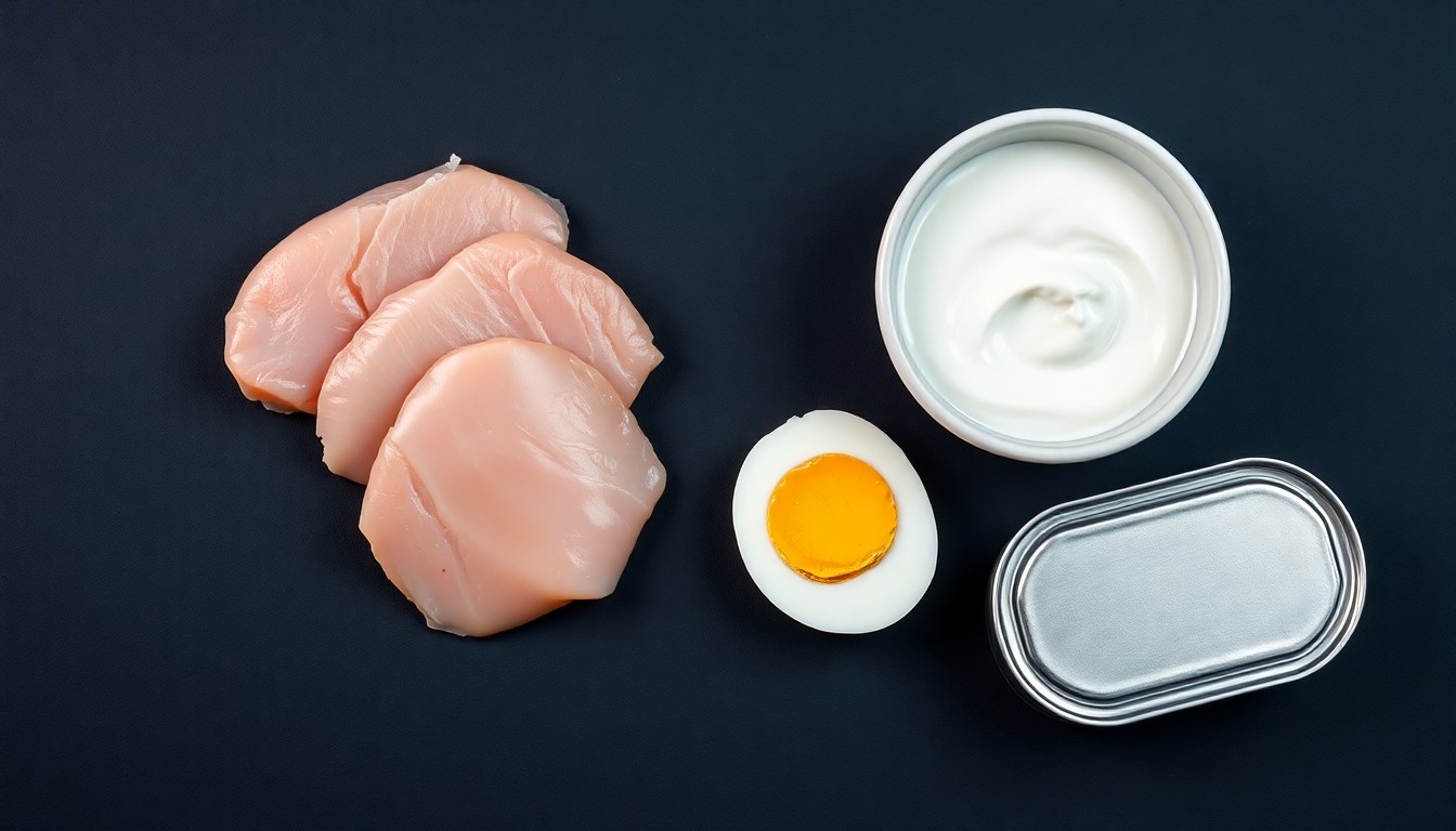 Moody dark flat lay of high-protein foods on a dark stone surface