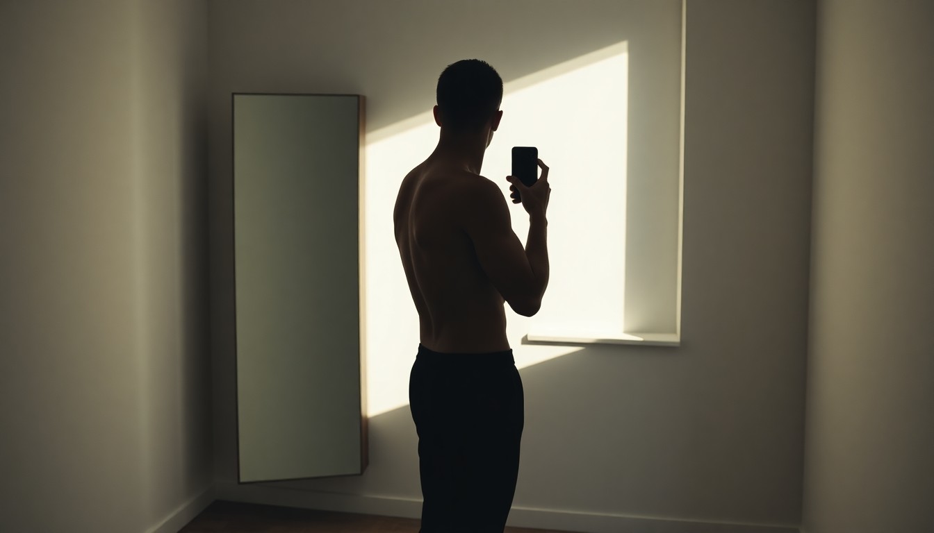 Person photographing themselves in consistent lighting for progress tracking